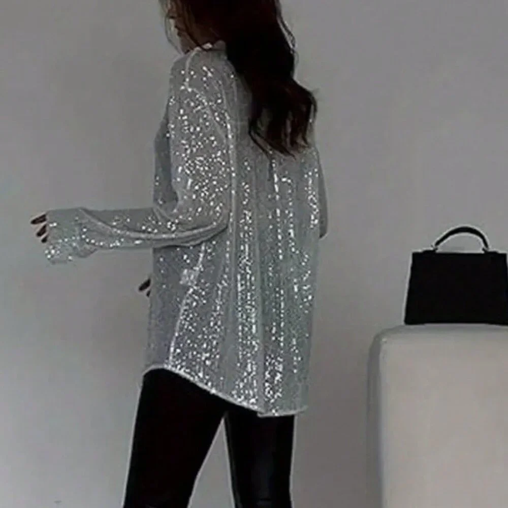 White Sexy Women's Sequined Long Sleeve Collared Button-Down Cardigan - Picture 2 of 5